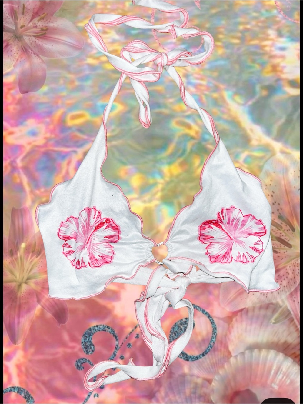 White Halter Crop Top with Pink Floral Appliqué